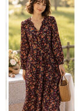 OLD NAVY Floral Tiered Ditsy Midi Swing Dress SMALL Boho Peasant Cottage Teacher